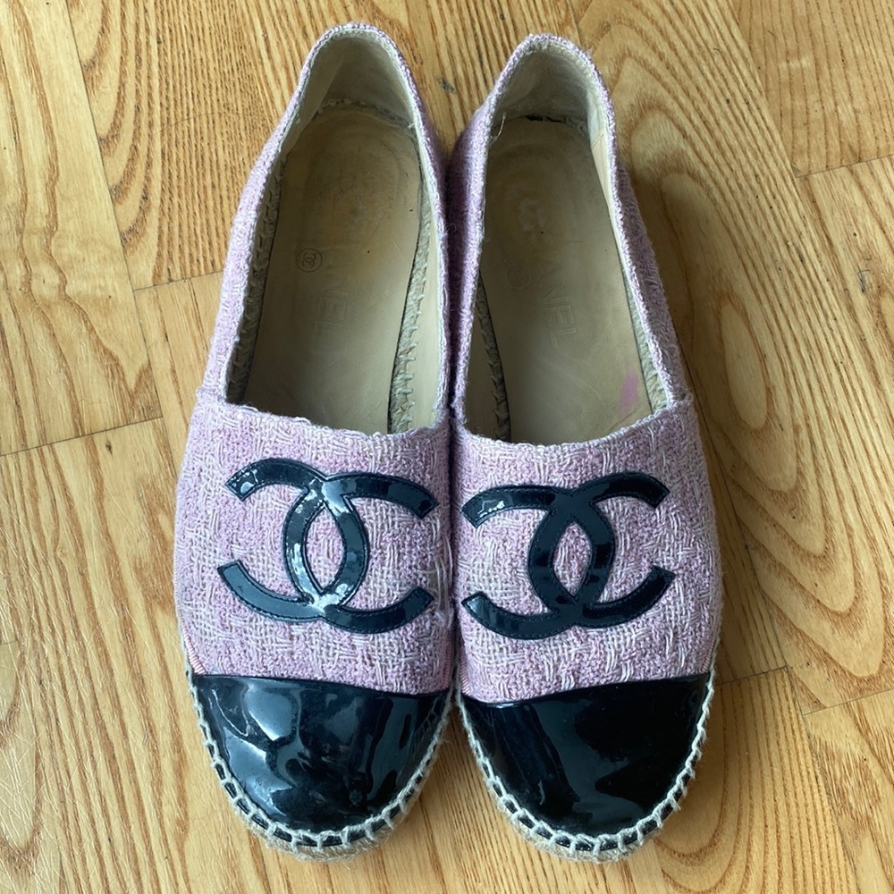 Chanel Pink Tweed Patent Espadrilles size 41